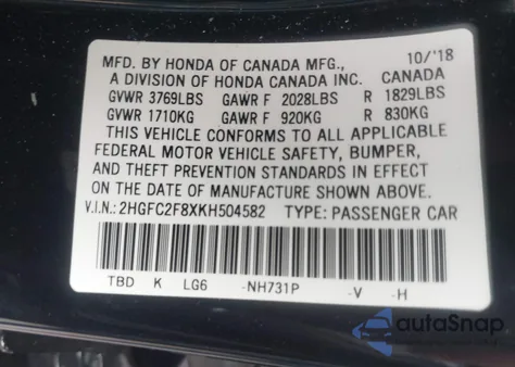 2019 Honda Civic Sport from USA, damaged, VIN 2HGFC2F8XKH504582
